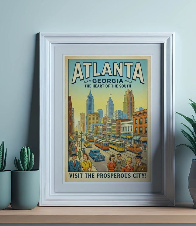 Vintage poster of Atlanta, Georgia, showing a city street scene with cars and buildings.