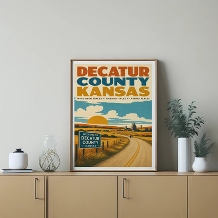 Decatur County Kansas poster with welcome sign and scenic rural landscape.
