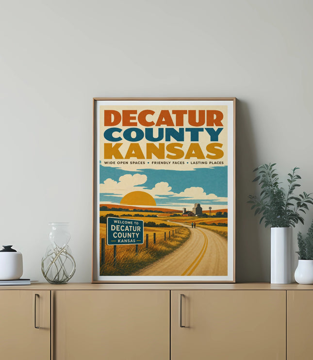 Decatur County Kansas poster with welcome sign and scenic rural landscape.