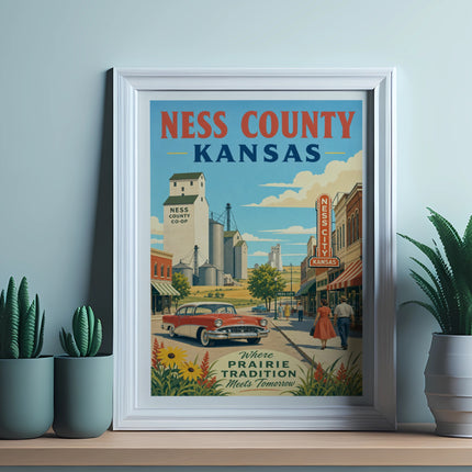 Framed Ness County Kansas poster with vintage car, silos, and text.