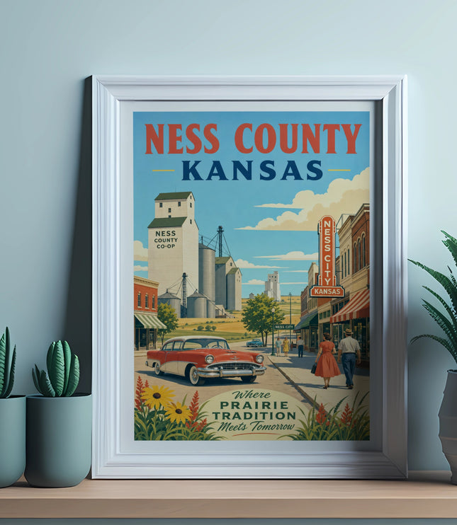 Framed Ness County Kansas poster with vintage car, silos, and text.