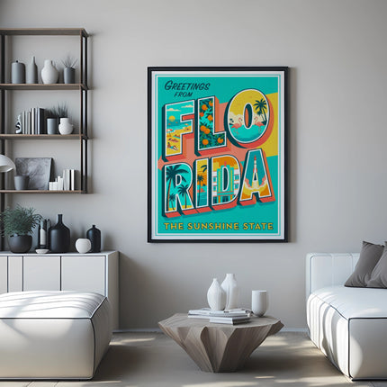 Framed vintage Florida postcard with palm trees and text "Greetings From Florida The Sunshine State".