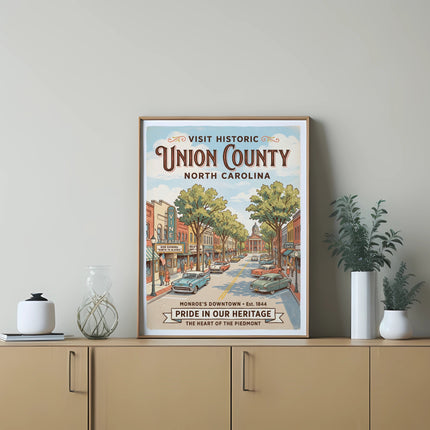 Vintage poster of Union County, North Carolina, with downtown Monroe scene.