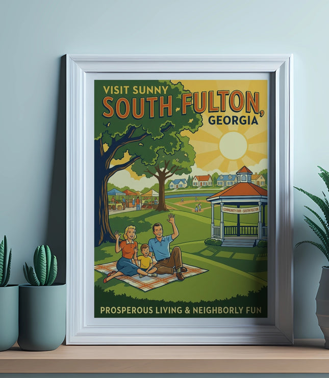Vintage travel poster for South Fulton, Georgia featuring a family picnic and community fair.