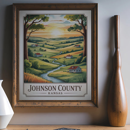 Framed poster of a pastoral landscape with the text "Johnson County Kansas".