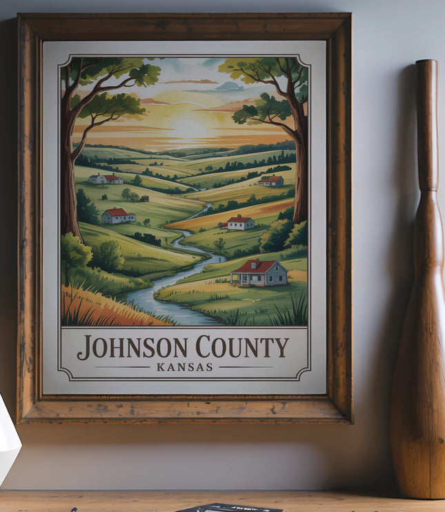 Framed poster of a pastoral landscape with the text "Johnson County Kansas".