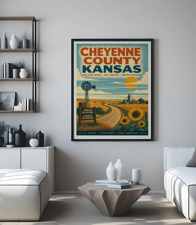 Cheyenne County Kansas vintage travel poster with windmill and sunflowers.
