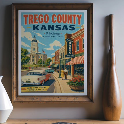 Trego County, Kansas vintage travel poster with soda fountain and courthouse.