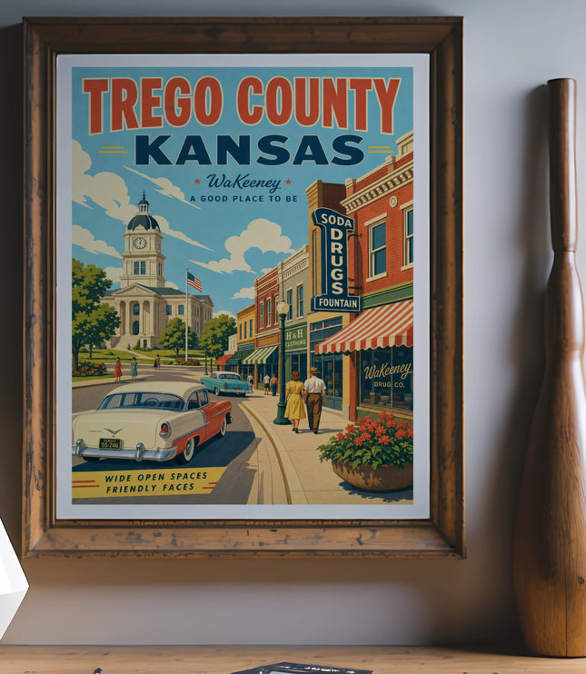 Trego County, Kansas vintage travel poster with soda fountain and courthouse.