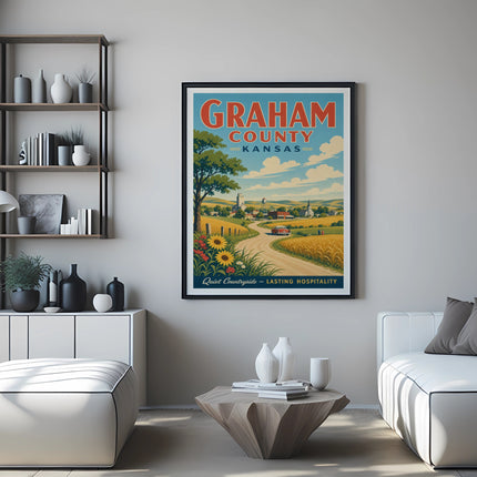 Vintage poster of Graham County, Kansas, with a rural landscape and text.