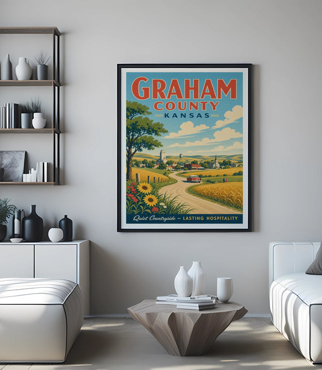 Vintage poster of Graham County, Kansas, with a rural landscape and text.