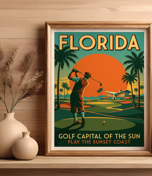 Framed vintage poster showing Florida golf scene with text "FLORIDA GOLF CAPITAL OF THE SUN PLAY THE SUNSET COAST".