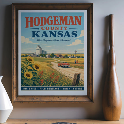 Vintage Hodgeman County, Kansas travel poster with farm scene and text.