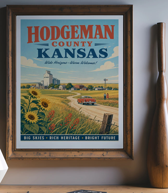 Vintage Hodgeman County, Kansas travel poster with farm scene and text.