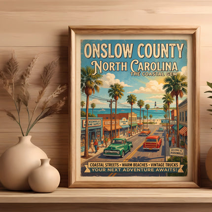 Vintage poster advertising Onslow County, North Carolina, featuring a coastal street scene.