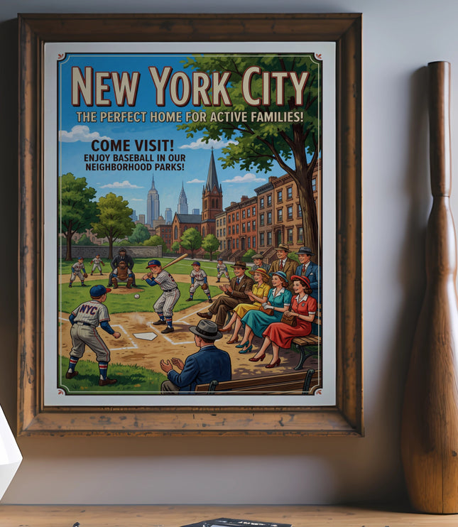 New York City baseball poster depicting families enjoying a game in neighborhood parks.