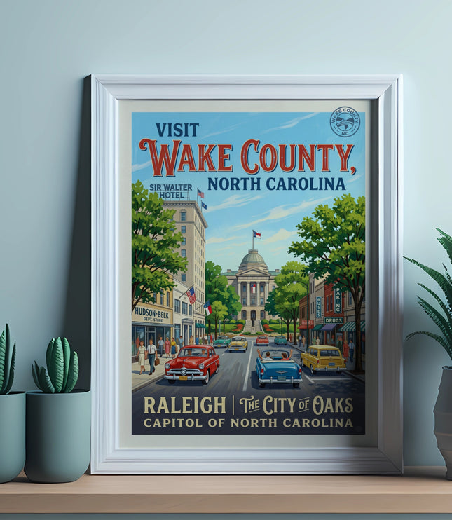 Vintage poster depicting Visit Wake County, North Carolina with Raleigh Capitol.