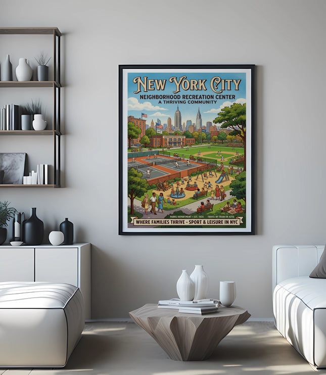 New York City neighborhood recreation center poster with skyline and people playing sports.