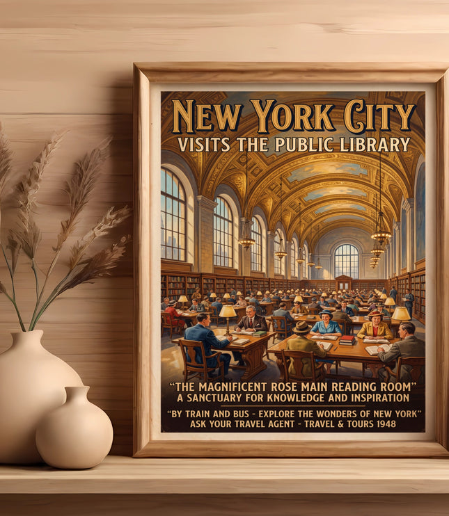 New York City poster depicting library interior and text "Visit the Public Library."