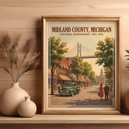 Midland County, Michigan Historic Downtown poster with a vintage scene.