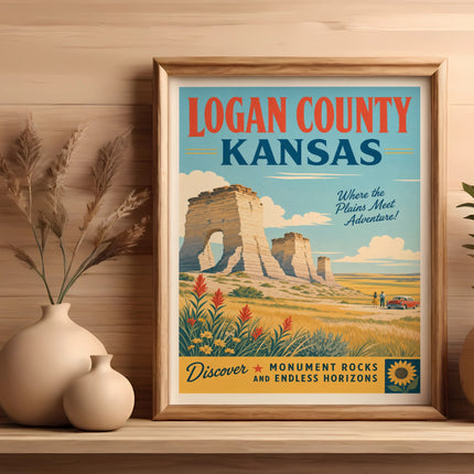 Logan County Kansas travel poster featuring Monument Rocks and a car.