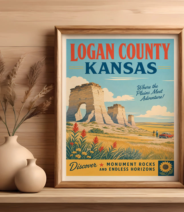 Logan County Kansas travel poster featuring Monument Rocks and a car.