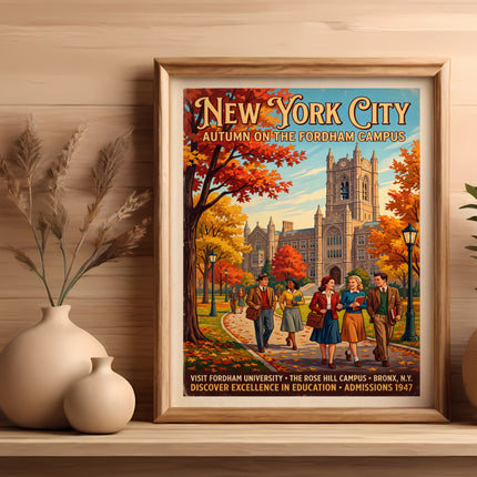 Vintage New York City poster of Fordham University campus in autumn.