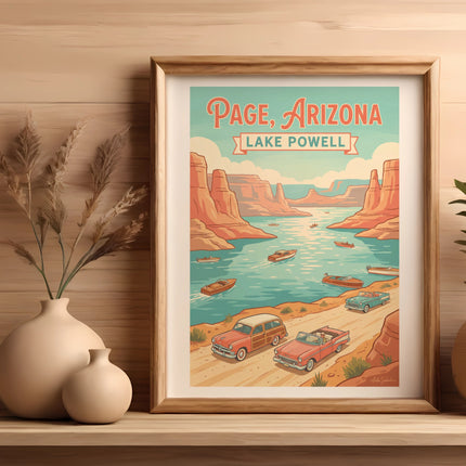 Poster with Page, Arizona, Lake Powell text, shows boats on water and vintage cars.