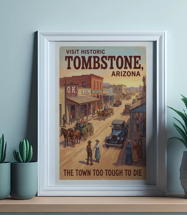 Vintage Tombstone, Arizona poster with a Western town scene and "The Town Too Tough to Die."