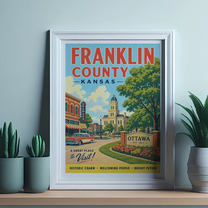 Franklin County, Kansas vintage travel poster featuring Ottawa and historic buildings.