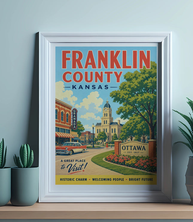 Franklin County, Kansas vintage travel poster featuring Ottawa and historic buildings.