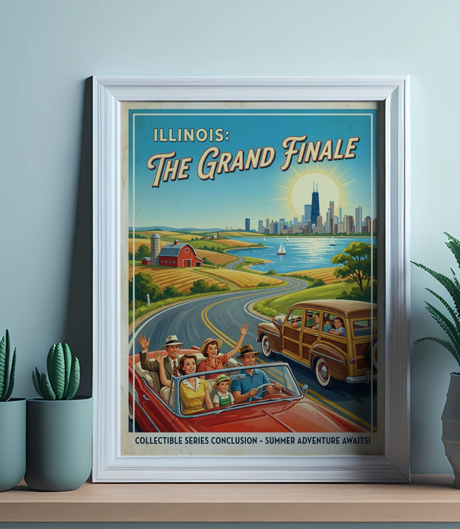 Retro poster with family in convertible, "Illinois: The Grand Finale" text.