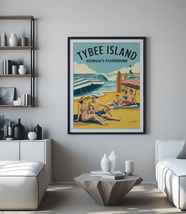 Framed print depicting Tybee Island, Georgia's Playground with a vintage beach scene.