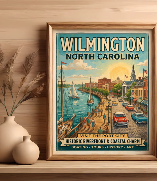Wilmington North Carolina historic riverfront art print with boats and cars.