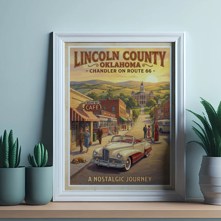 Vintage poster of Lincoln County, Oklahoma, Chandler on Route 66.
