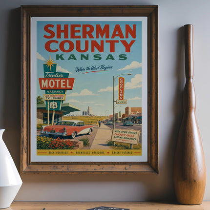 Sherman County Kansas travel poster with Frontier Motel and Goodland text.