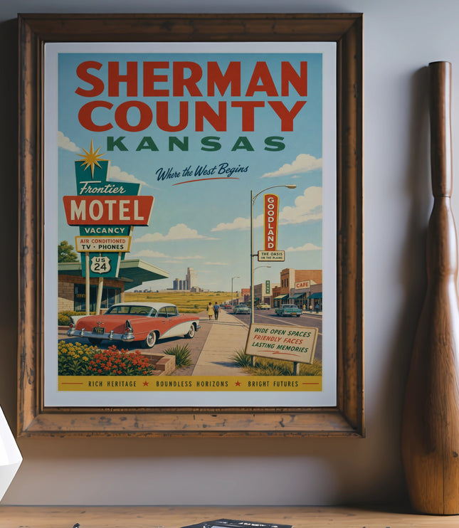 Sherman County Kansas travel poster with Frontier Motel and Goodland text.
