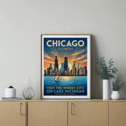 Chicago Illinois skyline on Lake Michigan with sailboat at sunset.