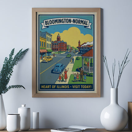 Vintage poster of Bloomington-Normal, Illinois with people and buildings.