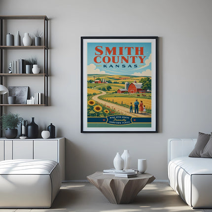 Smith County Kansas poster with farm scene and sunflowers.