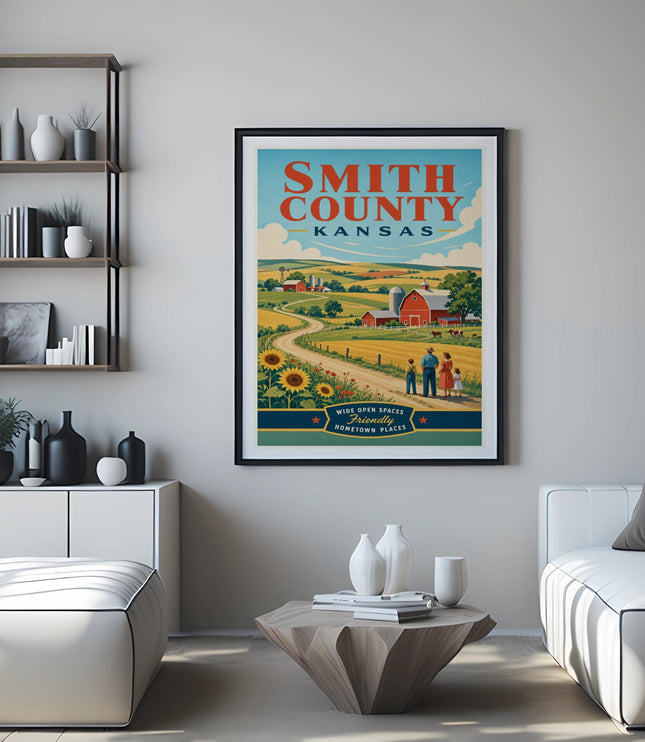 Smith County Kansas poster with farm scene and sunflowers.