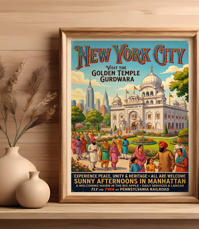 New York City Golden Temple Gurdwara poster with skyline and people.