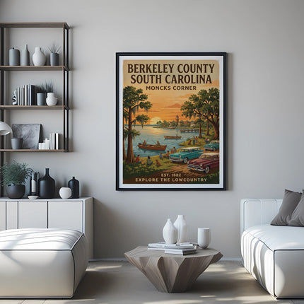 Berkeley County South Carolina Moncks Corner travel poster with vintage cars and fishing scene.