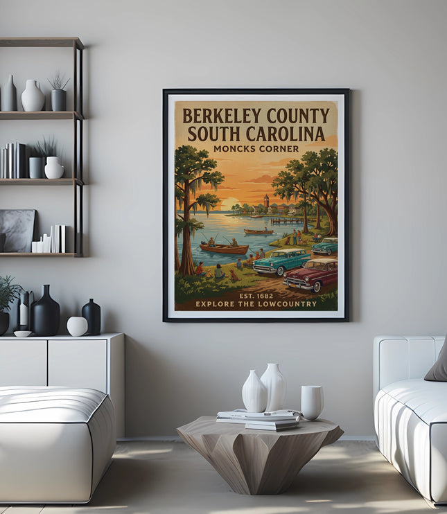 Berkeley County South Carolina Moncks Corner travel poster with vintage cars and fishing scene.