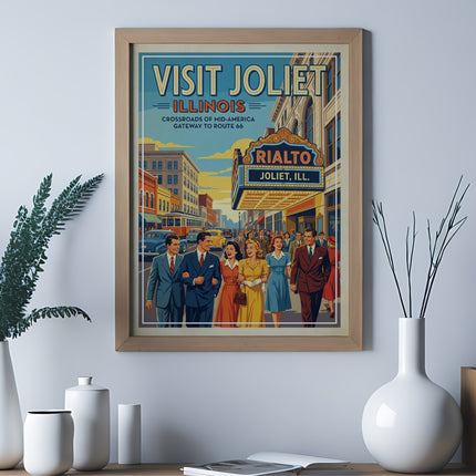 Vintage travel poster for Joliet, Illinois, featuring the Rialto Theater.