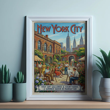 New York City courtyard gallery poster with cityscape and people.