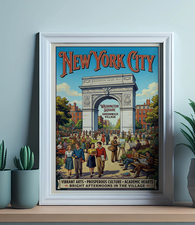 New York City poster with Washington Square Arch, people, and text.