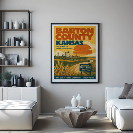 Barton County Kansas poster with Great Bend landmark and text.