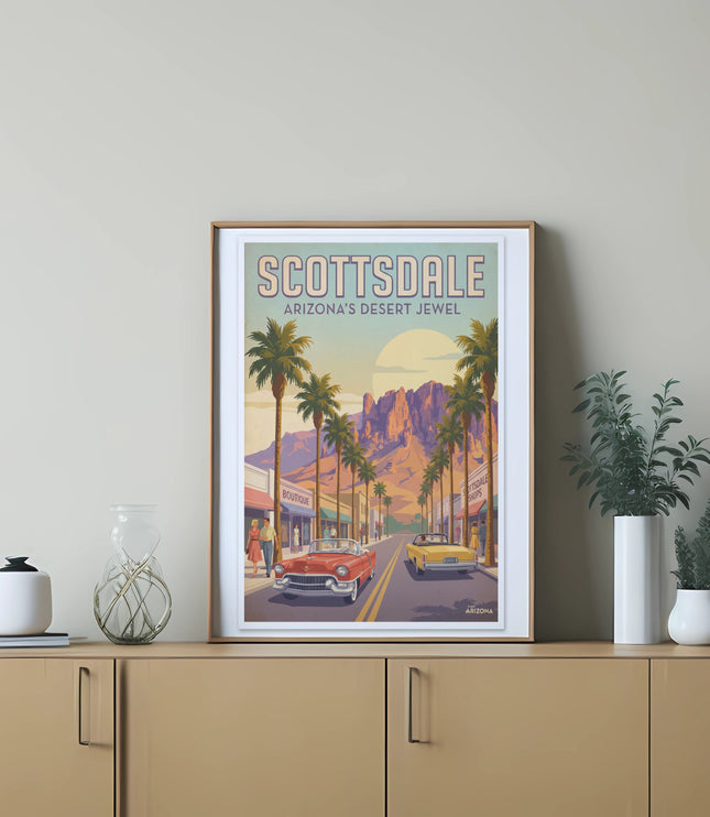 Scottsdale Arizona's Desert Jewel vintage travel poster with palm trees and classic cars.
