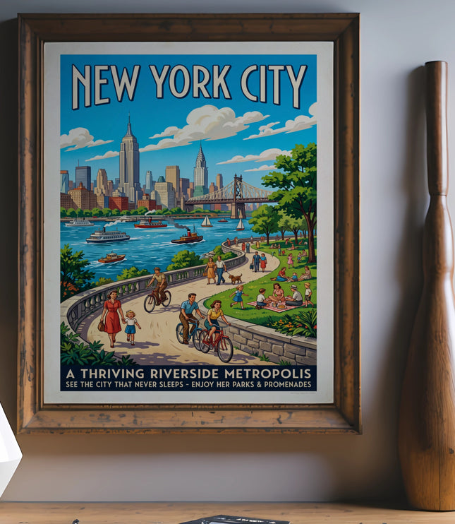 New York City poster with skyline, river, and people enjoying a park.